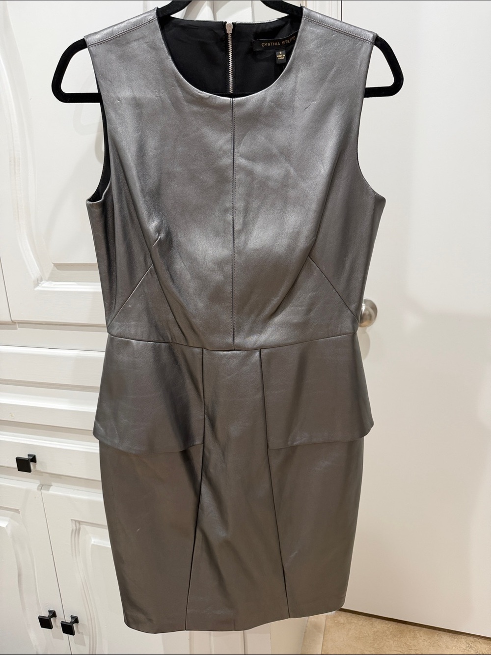 Cynthia Steffe Metallic Silver Peplum Leather Dress